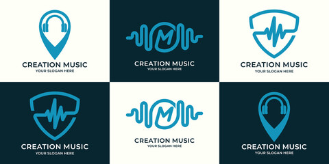 headphone location music frequency letter m shield logo inspiration for multimedia and entertainment