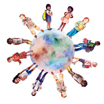 Children all over the world. Planet Earth with watercolor images of children. Watercolor illustration on a white background.