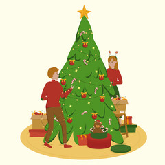 Smiling people decorate the Christmas tree together for the holiday with toys and garlands.  Colorful vector illustration in the style of a flat cartoon.