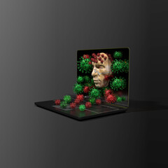 laptop and with virus cells flying out of the screen, 3D illustration of a modern laptop