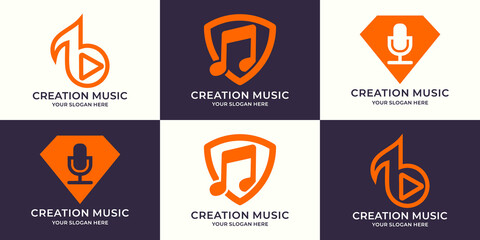 set of logo combination of music tone play button guard luxury podcast