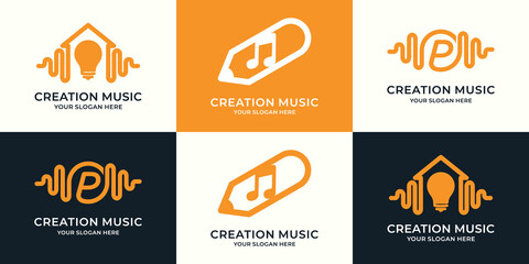 set of logo combination of music pulse bulb house creative pencil letter p