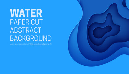 Abstract background with water waves in paper cut style. 3d wallpaper with cut out deep wavy modern cover. Blue color layers with smooth shadow papercut art. Vector illustration, origami shapes