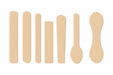 Ice cream wooden sticks flat vector illustrations set. Ecological material. Eco friendly food accesories isolated cliparts on white background. Medical wood tongue depressors collection
