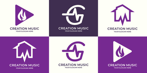 set of logo combination of play button fire letter g music pulse house frequency