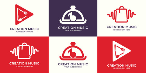 set of logo combination of play button food tray music tone bag frequency