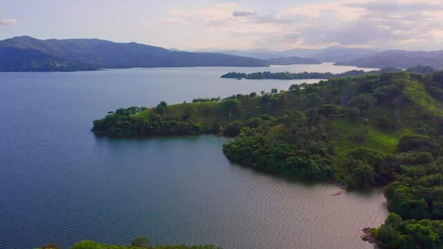 Beautiful natural landscape at Hatillo Dam (Presa de Hatillo) in Dominican Republic - aerial drone shot