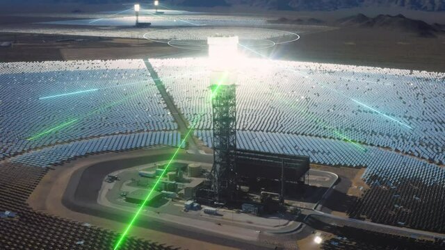Heliostats concentrating solar power to a desert salt tower - 3d render animation