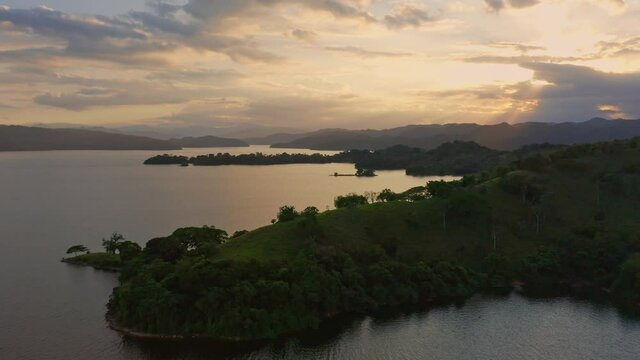 Scenic Sunset At Hatillo Dam (Presa de Hatillo) In Dominican Republic - aerial drone shot