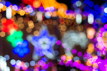 CLoseup of Christmas holiday festive glittering defocused colorful background with bokeh lights