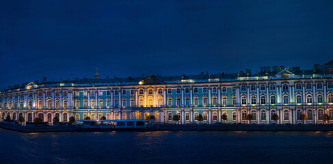 Russia, St. Petersburg. Panoramic of The Winter Palace at night.