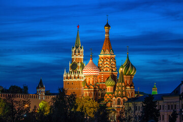 Russia, Moscow. St. Basil's Cathedral lit at night.