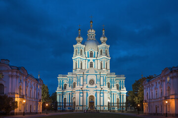 Fototapeta na wymiar Russia, St. Petersburg. Smolny Cathedral lit at night.