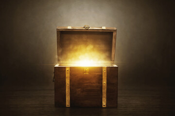 Wooden treasure chest on dark background - 472753205