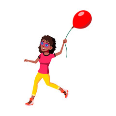 Girl Teen Running With Air Balloon Outside Vector. Happy African Teenager Lady Wearing Stylish Sunglasses Run With Helium Balloon Celebrative Decoration. Character Flat Cartoon Illustration