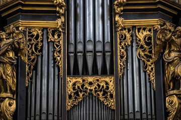 Europe, Slovenia, Ljubljana. Detail of pipe organ in Franciscan Church of the Annunciation.