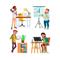 Fototapeta na wymiar Businessmen Thinking About Startup Set Vector. Business Men Thinking Company Problem And Searching Solution. Characters Researching Infographic And Think For Increase Profit Flat Cartoon Illustrations