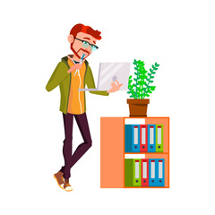 Thoughtful Businessman Looking At Laptop Vector. Thoughtful Business Man Look At Computer And Thinking About Startup Project. Character Think And Planning Strategy Flat Cartoon Illustration