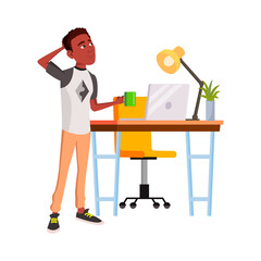 Man Manager Think About Problem In Office Vector. African Young Businessman Holding Drink Cup And Think Strategy Plan. Character Programer Thinking Programming Code Flat Cartoon Illustration