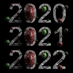 set of 3 banner from the years 2020,2021,2022,2023 made of cells of a dangerous virus on a dark background, 3d illustration
