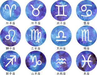 宇宙カラーの12星座の水玉セット　文字入り　ベクター素材