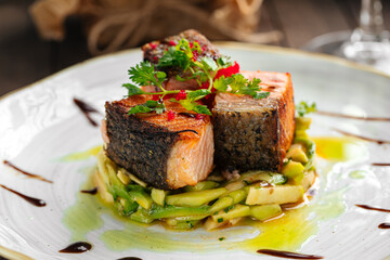 Gourmet cooked salmon fillet on cucumbers and apple