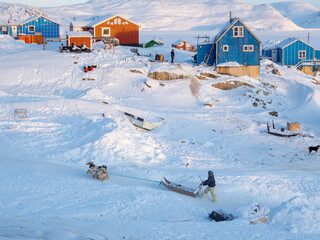The traditional and remote Greenlandic Inuit village Kullorsuaq located at the Melville Bay, in the...