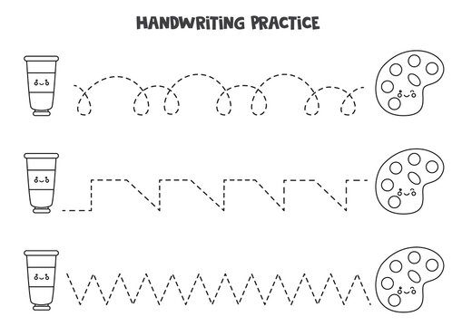 Tracing Lines With Cute Paint Tube And Palette. Writing Practice.