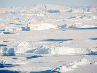 Sea ice with icebergs in the Baffin Bay, between Kullorsuaq and Upernavik in the far north of...