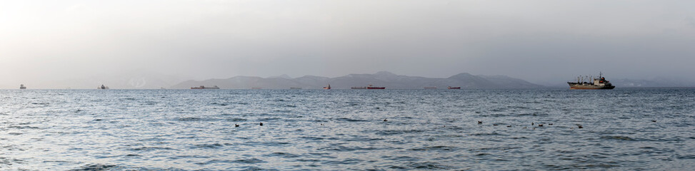 Obraz premium panarama of Fishing seiners in Avacha Bay in Kamchatka peninsula