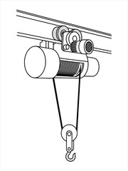 Electric winch for lifting cargo. Electric hoist with steel rope or wire, cable, wheel. 
Vector illustration