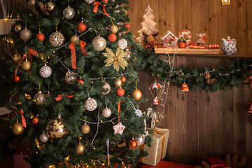 Christmas tree and wall with christmas decorations