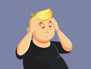 Overweight Depressed Man Suffering a Migraine Vector Illustration