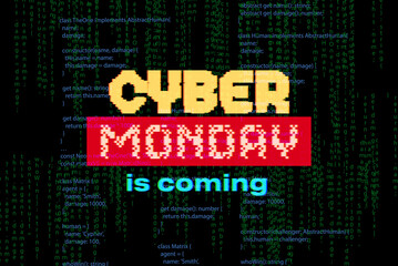 Cyber monday holiday poster design. Decorate text with glowing light effectss. Vector illustration.