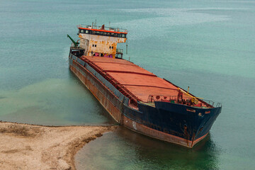 Shipwrecked in the Black Sea dry cargo ship Surov. Traces of oil products can be seen in the water....