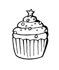 Christmas cupcake in the shape of a herringbone in doodle style isolated on white background. Clipart Icon