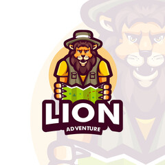 Lion holding a map, mascot logo design illustration vector isolated on white background
