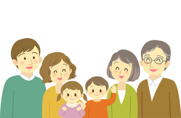 イラスト素材：男女の子供を育てる若い夫婦とシニア夫婦2　6人家族
