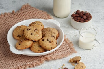 a plate of chocolate chips cookies on white background 