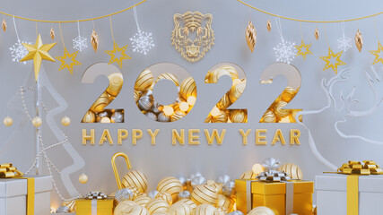 Happy New Year 2022. Hanging golden 3D numbers with ribbons and confetti on a defocused colorful, bokeh background, abstract