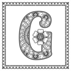 Letter G made of flowers in mehndi style. coloring book page. outline hand-draw vector illustration.