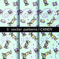 Fototapeta premium 3 Retro different vector seamless patterns (tiles). Infinite texture for wallpaper, packaging, fill drawings, web page backgrounds, surface textures. Postcard template. A set of purple, blue ornaments