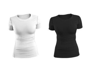 Mock up of white, black female t-shirt, sportswear 3D rendering, isolated on background. Set front view