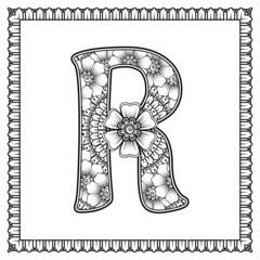 Letter R made of flowers in mehndi style. coloring book page. outline hand-draw vector illustration.