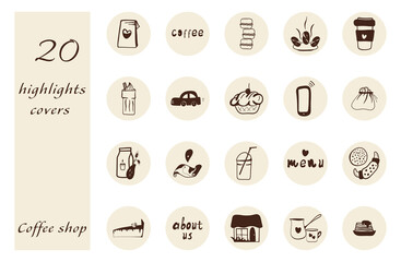 Business and office set of different vector web icons. Coffee shop. Highlights.