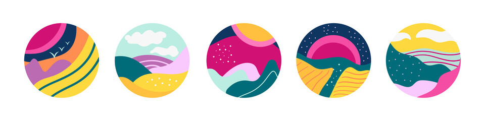 Set of vector icons. Abstract landscapes set. Contemporary nature shape. Social media templates and covers.