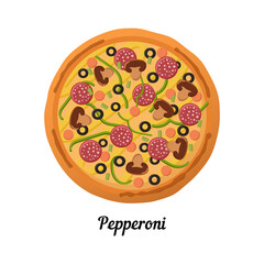 Pepperoni pizza with sausage, green pepper and champignons. Top view pizza with various ingredients. Whole pizza with sausage, green pepper and champignons. Italian pizza.