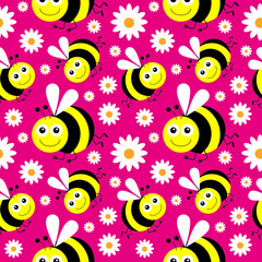 Funny cartoon bee and white daisy flowers on bright background. Seamless pattern. Vector illustration.