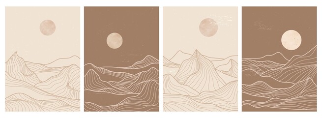 set of creative minimalist modern line art print. Abstract contemporary aesthetic backgrounds landscapes. with mountain, desert, sea, skyline, wave. vector illustrations