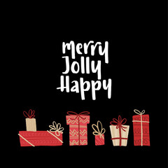 Christmas and New Year quote. Modern lettering and flat hand drawn winter holiday decorative gift boxes.